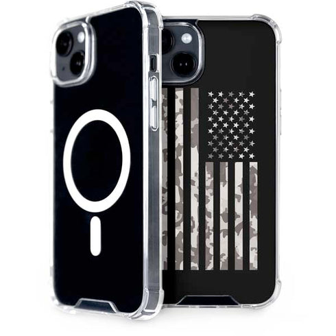 Black and White Camo American Flag iPhone 15 Plus MagSafe Case