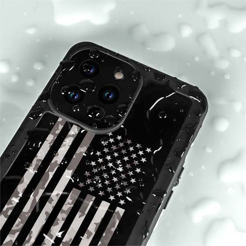 Black and White Camo American Flag iPhone 14 Pro Max Waterproof Case