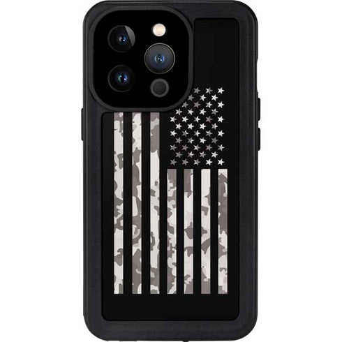 Black and White Camo American Flag iPhone 14 Pro Waterproof Case