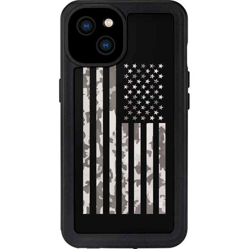 Black and White Camo American Flag iPhone 15 Plus Waterproof Case