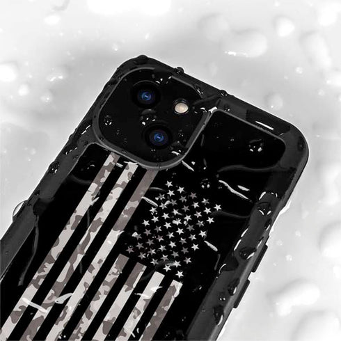Black and White Camo American Flag iPhone 15 Plus Waterproof Case