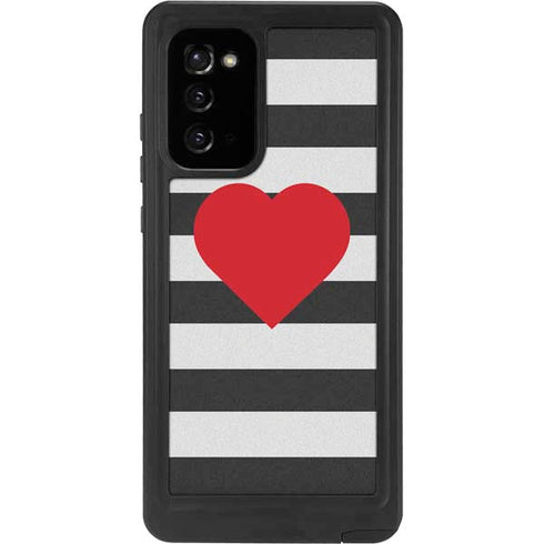Black And White Striped Heart Galaxy Note20 5G Waterproof Case