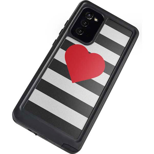 Black And White Striped Heart Galaxy Note20 5G Waterproof Case