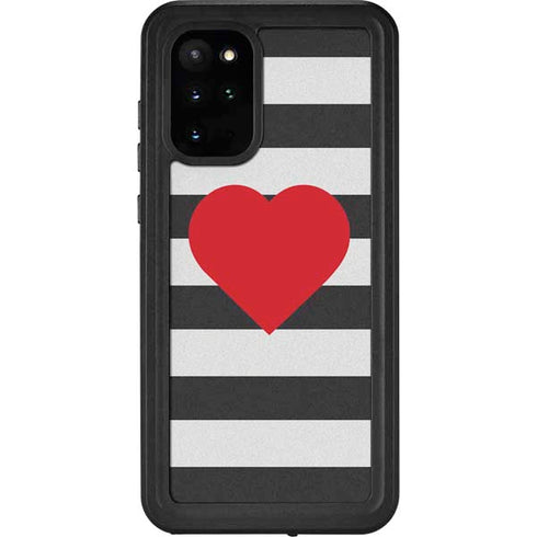 Black And White Striped Heart Galaxy S20 Plus Waterproof Case
