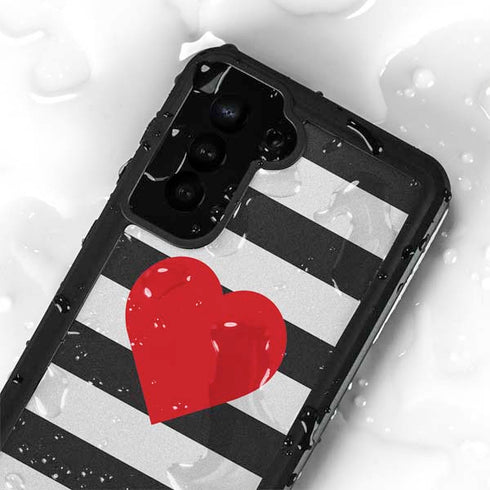 Black And White Striped Heart Galaxy S23 Plus Waterproof Case
