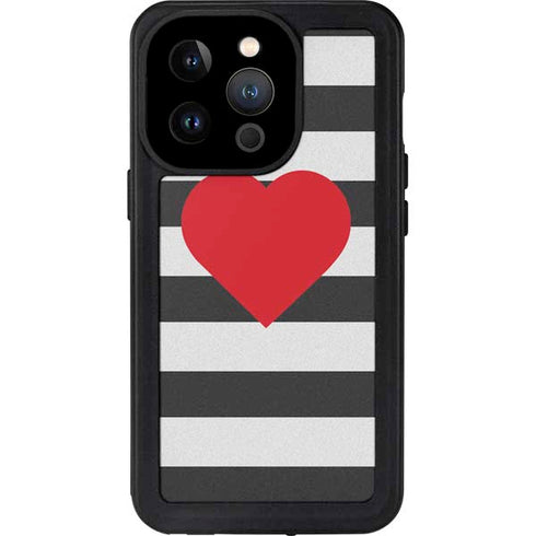Black And White Striped Heart iPhone 14 Pro Waterproof Case