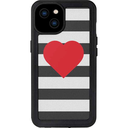 Black And White Striped Heart iPhone 15 Plus Waterproof Case