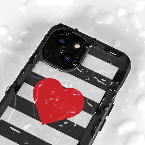 Black And White Striped Heart iPhone 15 Waterproof Case
