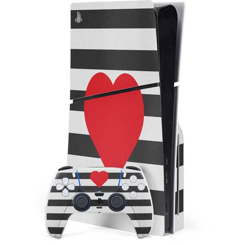 Black And White Striped Heart PS5 Slim Disk Bundle Skin