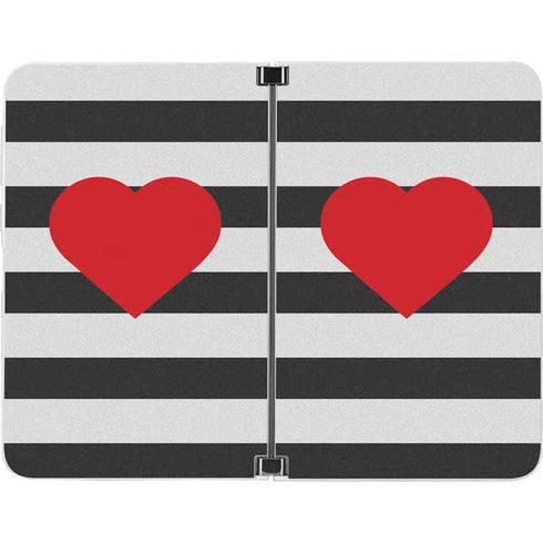 Black And White Striped Heart Surface Duo Skin