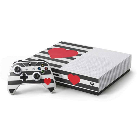 Black And White Striped Heart Xbox One S Console and Controller Bundle Skin