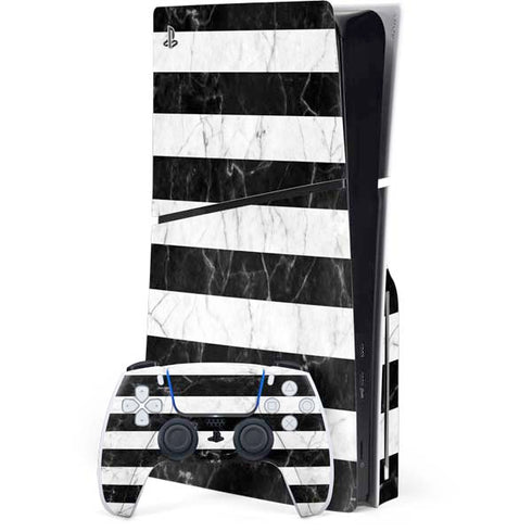 Black and White Striped Marble PS5 Slim Disk Bundle Skin