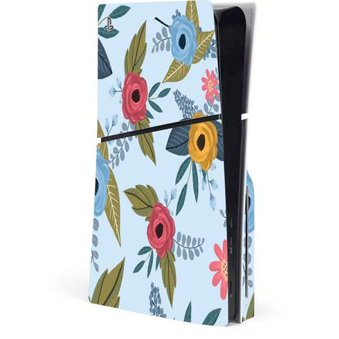 Blue Fall Flowers PS5 Slim Disk Console Skin