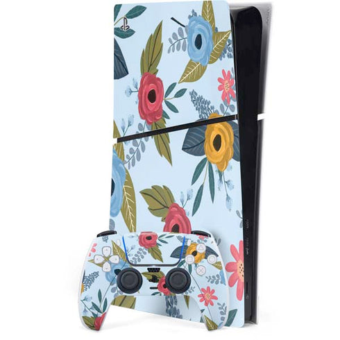 Blue Fall Flowers PS5 Slim Digital Edition Console Skin