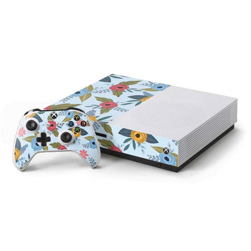 Blue Fall Flowers Xbox One S Console and Controller Bundle Skin