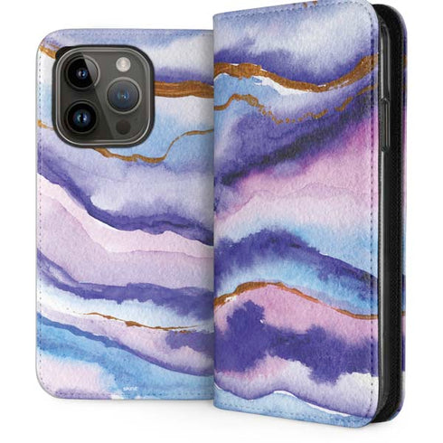 Blue Violet Watercolor Geode iPhone 15 Pro Folio Case