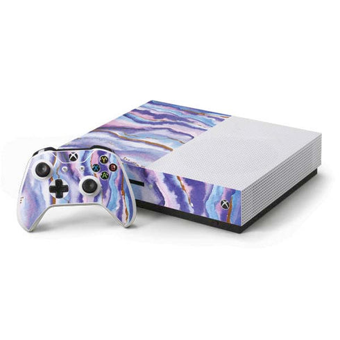 Blue Violet Watercolor Geode Xbox One S Console and Controller Bundle Skin
