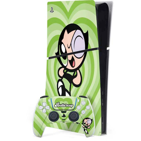 Cartoon Network Powerpuff Girls Buttercup Green Hearts PS5 Slim Digital Edition Bundle Skin