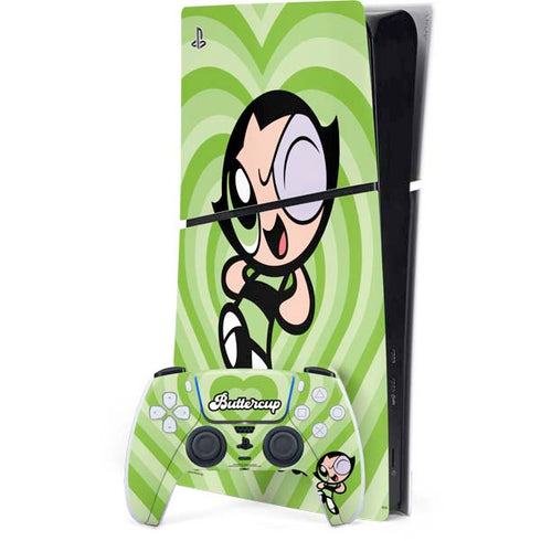 Cartoon Network Powerpuff Girls Buttercup Green Hearts PS5 Slim Digital Edition Console Skin