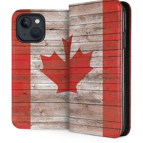 Canadian Flag Dark Wood iPhone 15 Plus Folio Case