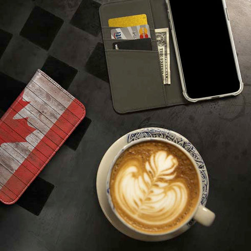 Canadian Flag Dark Wood iPhone 15 Plus Folio Case