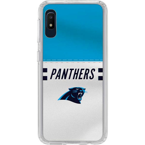 NFL Carolina Panthers White Striped Galaxy A10e Clear Case