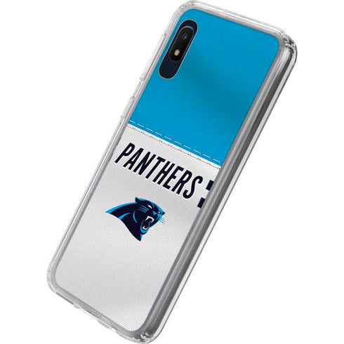 NFL Carolina Panthers White Striped Galaxy A10e Clear Case