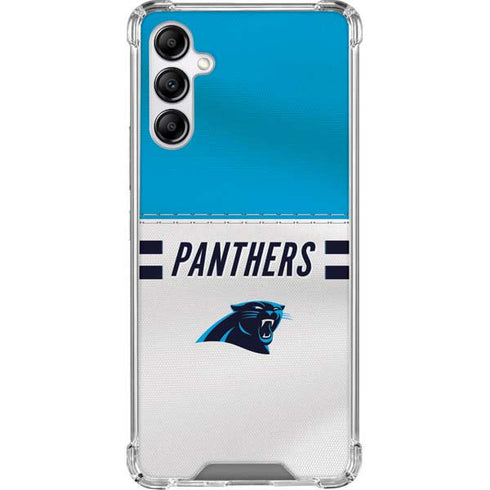 NFL Carolina Panthers White Striped Galaxy A14 5G Clear Case