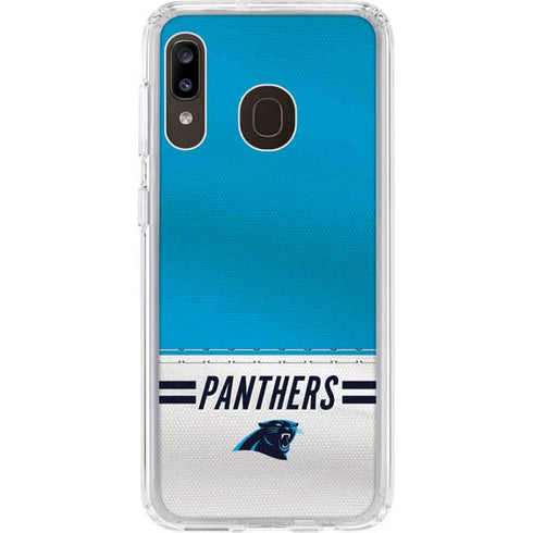 NFL Carolina Panthers White Striped Galaxy A20 Clear Case
