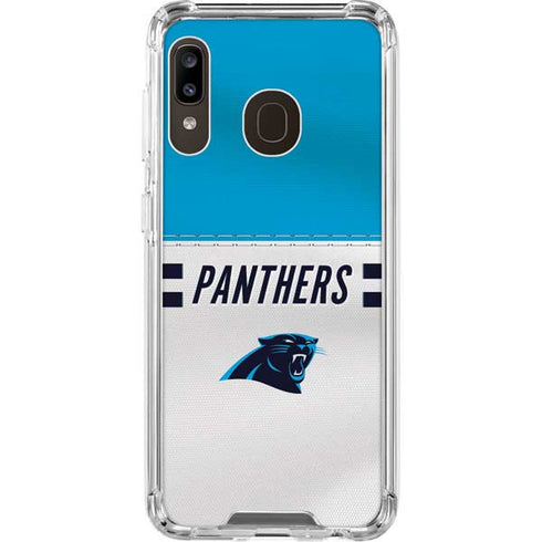 NFL Carolina Panthers White Striped Galaxy A30 Clear Case