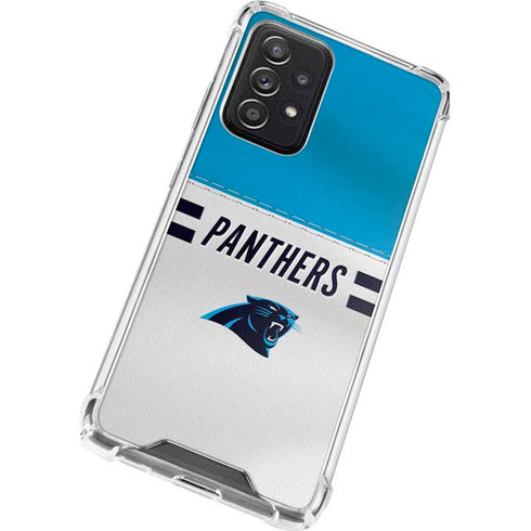 NFL Carolina Panthers White Striped Galaxy A72 5G Clear Case