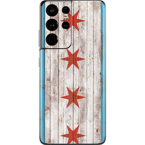 Chicago Flag Dark Wood Galaxy S21 Ultra 5G Skin