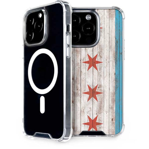 Chicago Flag Dark Wood iPhone 14 Pro MagSafe Case