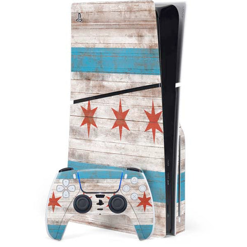 Chicago Flag Dark Wood PS5 Slim Disk Bundle Skin