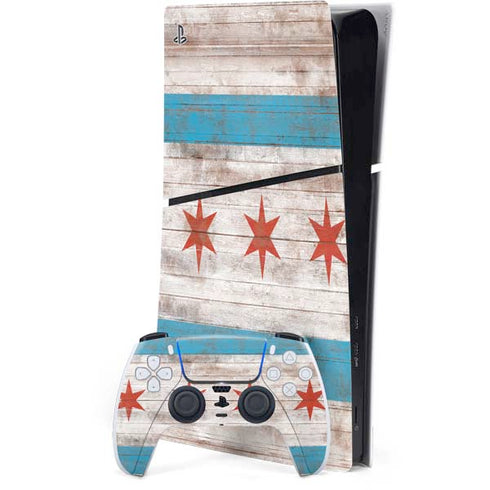 Chicago Flag Dark Wood PS5 Slim Digital Edition Bundle Skin