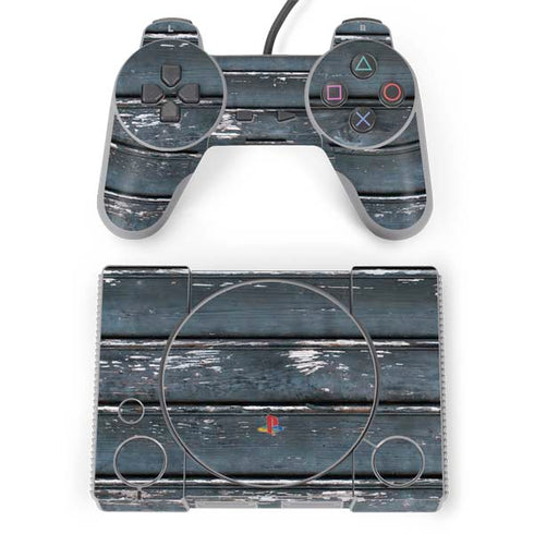 Chipped Blue Wood PlayStation Classic Bundle Skin