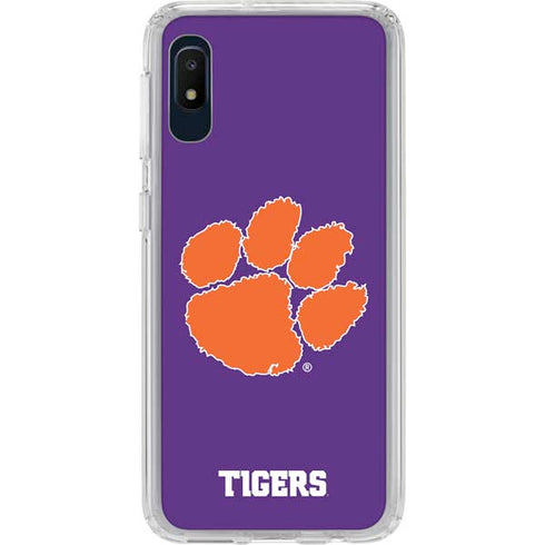 Clemson University Tiger Print Purple Galaxy A10e Clear Case