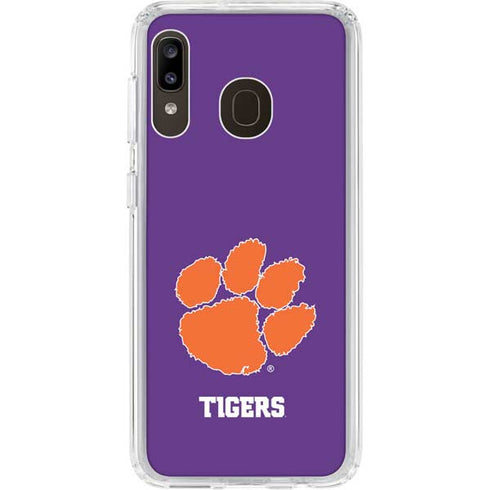Clemson University Tiger Print Purple Galaxy A20 Clear Case