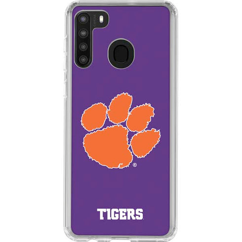 Clemson University Tiger Print Purple Galaxy A21 Clear Case