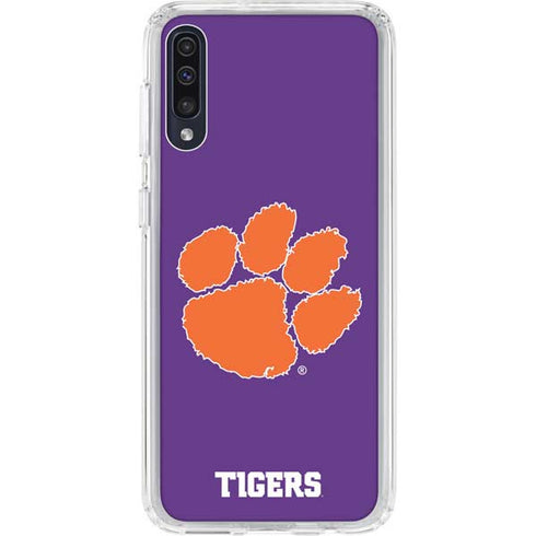 Clemson University Tiger Print Purple Galaxy A50 Clear Case