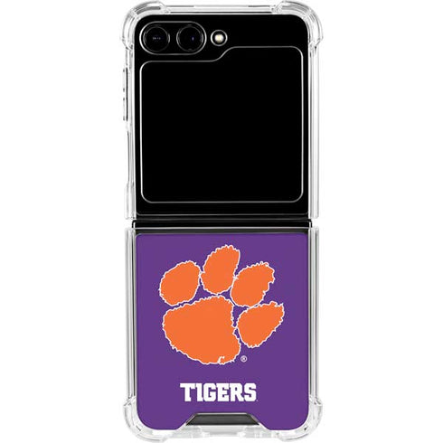 Clemson University Tiger Print Purple Galaxy Z Flip5 5G Clear Case