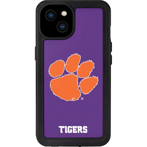 Clemson University Tiger Print Purple iPhone 15 Plus Waterproof Case