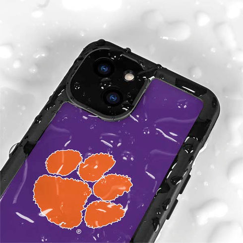 Clemson University Tiger Print Purple iPhone 15 Plus Waterproof Case