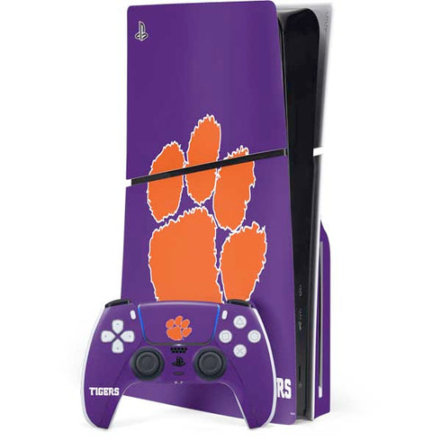 Clemson University Tiger Print Purple PS5 Slim Disk Bundle Skin
