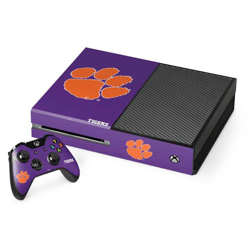 Clemson University Tiger Print Purple Xbox One Console and Controller Bundle Skin
