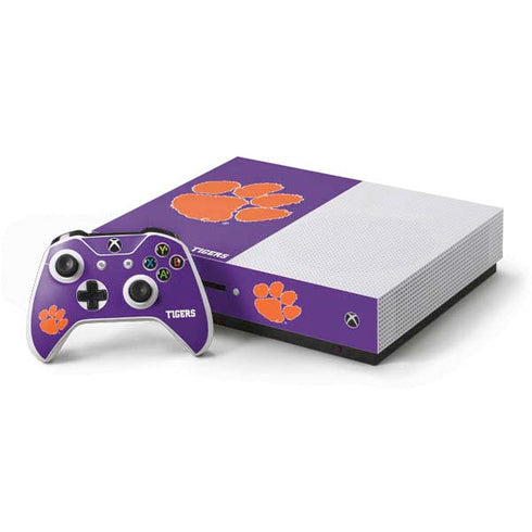 Clemson University Tiger Print Purple Xbox One S Console and Controller Bundle Skin