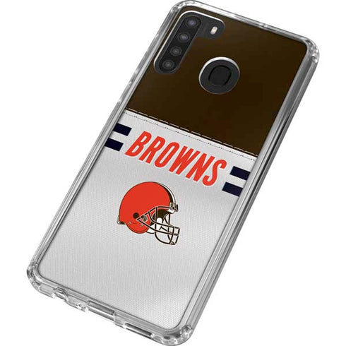 NFL Cleveland Browns White Striped Galaxy A21 Clear Case