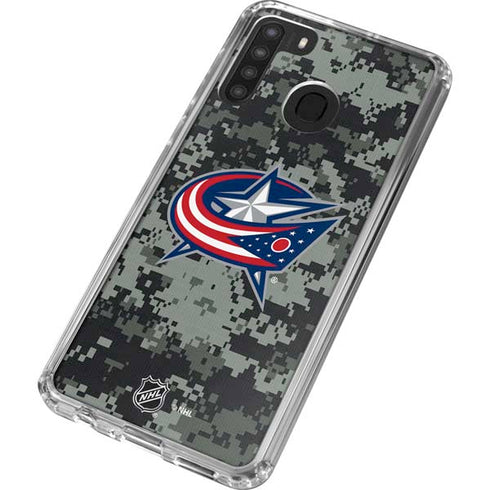 NHL Columbus Blue Jackets Camo Galaxy A21 Clear Case
