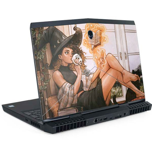 Cozy Autumn Library Witch with Cat and Coffee by Ivy Dolamore Dell Alienware Skin