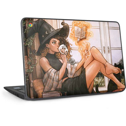 Cozy Autumn Library Witch with Cat and Coffee by Ivy Dolamore HP Chromebook Skin